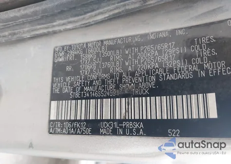 2006 Toyota Tundra Sr5 V8 z USA, uszkodzony, nr VIN 5TBET34146S524591